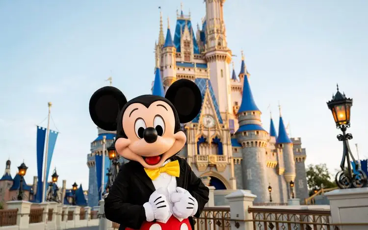 Mickey Mouse standing in front of the castle